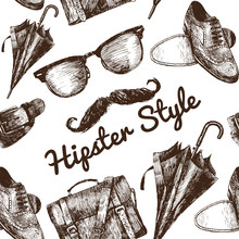 Vector Hipster Style Set #2. Hipster Accessories In Retro Sepia Style On White Background. Seamless Pattern.background. Seamless Pattern.