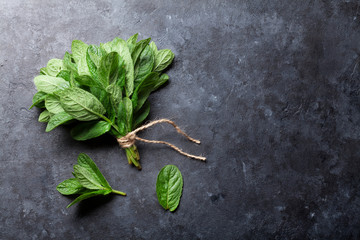 Fresh mint leaves herb on stone