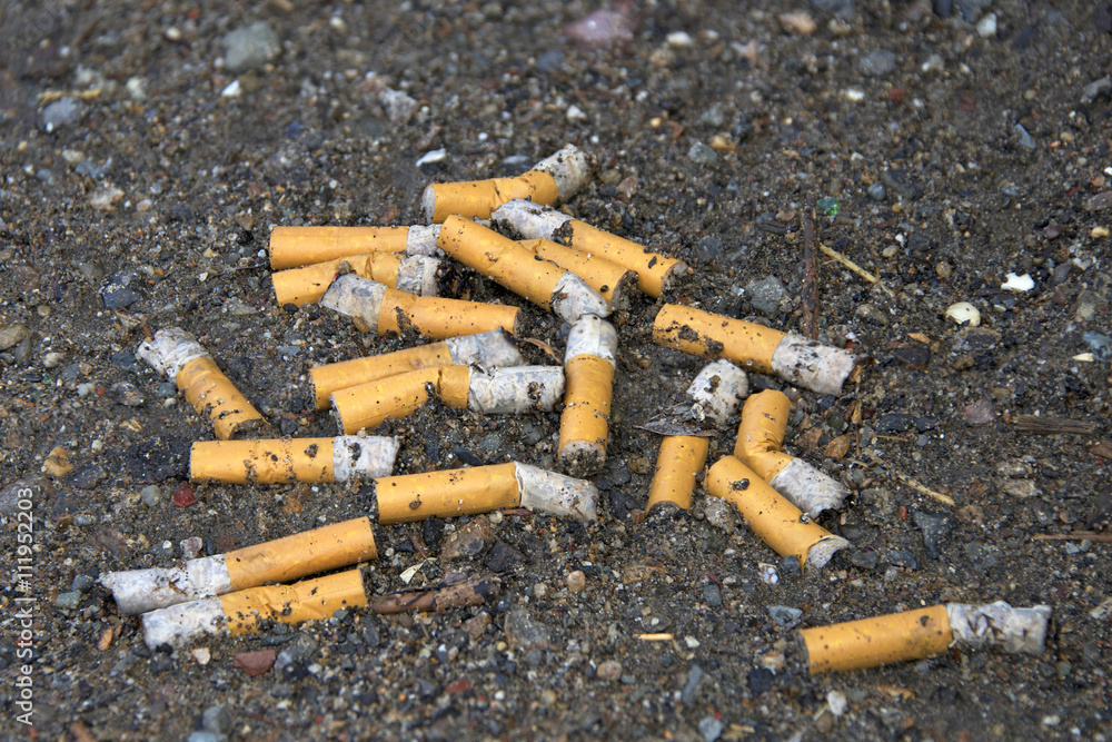 pile of cigarette butts Pile of old cigarette butts on the ground, tossed by careless, uncaring  smokers Stock Photo