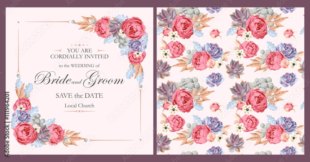 Wedding invitation with peony roses and succulents - obrazy, fototapety, plakaty 