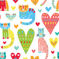 Wall Mural - Cats and love, love and cats. Funny colorful vector seamless pat