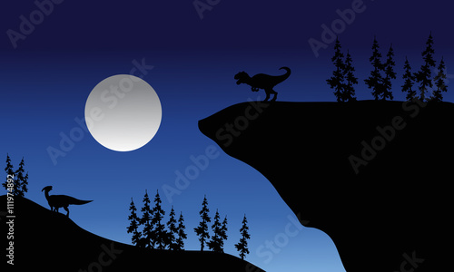 Cuadros en Lienzo Silhouette of Allosaurus and Parasaurolophus