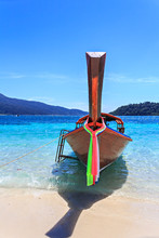 Front View Of A Wooden Fishing Boat In Thailand