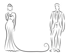 Silhouette Of Bride And Groom, Newlyweds Sketch, Hand Drawing, Wedding Invitation, Vector Illustration