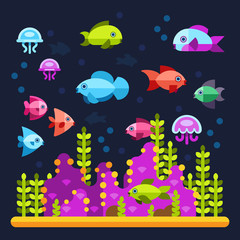 Wall Mural - Underwater life with sea animals in flat style. Water ocean animal fish and underwater illustration vector fish