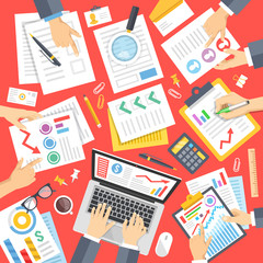 Wall Mural - business people at work in office. documents, stationery, hands. teamwork concept. top view. modern 