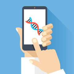 Wall Mural - hand holds smartphone with dna icon on smartphone screen. scientific research, medical research conc