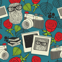 Seamless Pattern With Smart Owl.