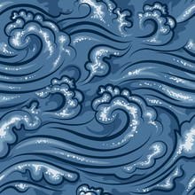 Japanese Oriental Seamless Pattern With Ocean Waves Or Sea Waves. Vector Illustration