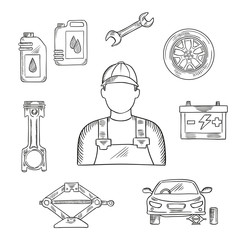 Wall Mural - Auto mechanic profession sketch symbol