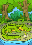 Fototapeta Dinusie - Cartoon animals for kids. Mother alligator looks at her little cute baby alligator in the egg.