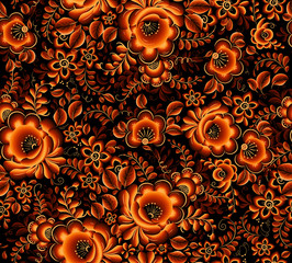 Wall Mural - Orange floral seamless pattern on black background in Russian tradition hohloma style