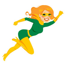 Red haired super hero girl jumping in green and golden costume with face mask