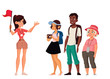 Tour vacation with guide, vector cartoon comic illustration isolated on a white background, a group of tourists listening to the history of the city, exploring attractions in the journey, guide tells