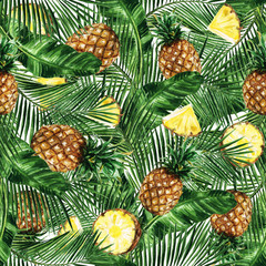  Watercolor Seamless pattern - Tropical background with Pineapples