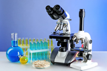 Wall Mural - microscopes, petri dish with samples of grain and test tubes on table, on color background