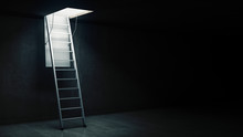 Wooden Ladder To The Attic With Light. 3d Rendering