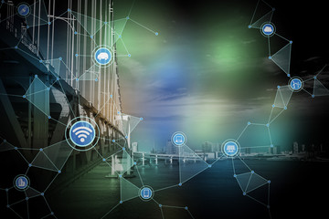 Poster - modern cityscape and bridge, wireless communication network, abstract image visual, internet of things