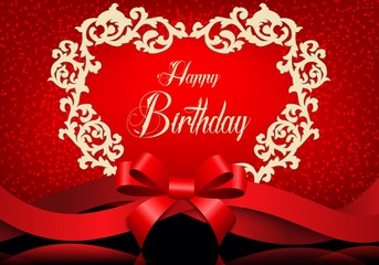 Birthday background with gold greeting card and red ribbon