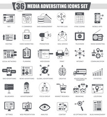 Poster - Vector Media adversiting black icon set. Dark grey classic icon design for web.