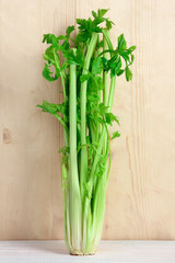 Wall Mural - Fresh green celery on wooden brown background