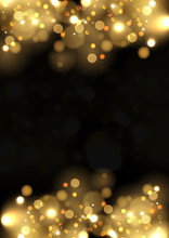 Abstract Background With Gold Sparkles. Shiny Defocused Gold Bokeh Lights On Black Background. Festive Gold Background For Card, Flyer, Invitation, Placard, Voucher, Banner.
