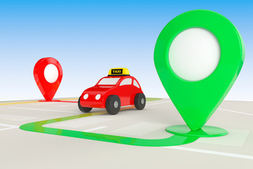 Leinwandbilder - Taxi Order Concept. Toy Taxi from above of Abstract Navigation M