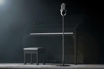 Poster - Vintage silver microphone with Black Piano in the volumetric lig