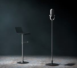 Poster - Vintage silver microphone with Chair in the volumetric light. 3d