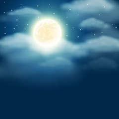 Wall Mural - night background with moon, stars and clouds on dark blue sky