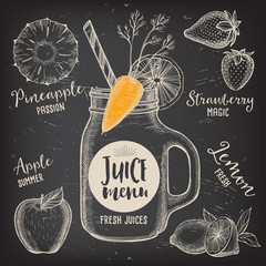 Juice menu placemat drink restaurant brochure, dessert template design. Vintage creative beverage template with hand-drawn graphic. Vector food menu flyer. Gourmet menu board.