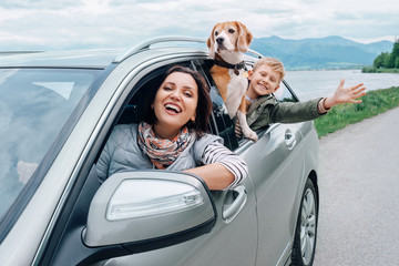 Happy family look out from car windows