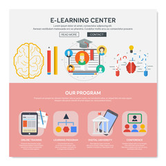 One page web design template with e-learning services like online training or learning program. Flat design graphic, website elements layout. Vector illustration.
