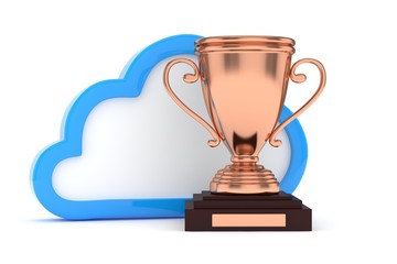 Isoalted bronze cup with cloud on white background. Blue contour cloud. Concept of cloud storage competition. Leader cloud drive. Best storage contest. 3D rendering.