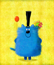 Blue Cat With Top Hat Holding Flowers And Balloon