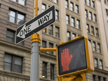 Traffic Signal And One Way Sign In New York City