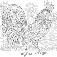 Zentangle stylized cartoon rooster (cock) and sun flowers. Hand drawn sketch for adult antistress coloring page, T-shirt emblem, logo or tattoo with doodle, zentangle, floral design elements.