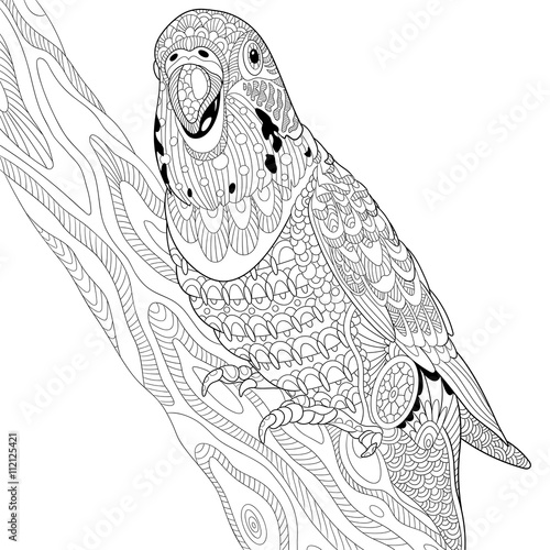 Zentangle Stylized Cartoon Budgie Parrot Sitting On Tree