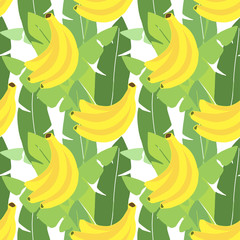 Wall Mural - Tropical seamless pattern. Banana leaves, banana fruit. Flat design. Jungle vector illustration background