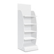 © Denis Semenchenko - White POS POI Cardboard Floor Display Rack For Supermarket Blank Empty Displays With Shelves Products On White Background Isolated. Ready For Your Design. Product Packing. Vector EPS10