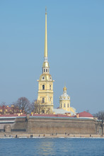Peter And Paul Cathedral And The Trubetskoy Bastion Sunny March Day. Peter And Paul Fortress, St. Petersburg