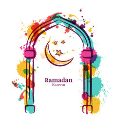 Ramadan Kareem vector watercolor background with colorful moon and stars in the window. Greeting card template for ramadan holiday with place for text. Design concept for muslim ramadan holiday. 