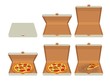 Whole pizza and slices of pizza in closed and open white box.Isolated vector flat illustration for poster, menus, logotype, brochure, web and icon.