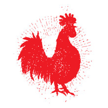 Rooster Red Label. Vintage Style Cock  On Hand Drawn Sunburst Background. Zodiac Symbol For Chinese New Year 2017. Hair Texture On The Edge Of The Rooster With Splash Of Ink. Grunge.