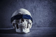 Human skull with blindfold. Concept of death, horror and execution. Spooky halloween symbol.
