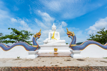 white buddha statue and serpent in wat chom tham at mea on in ch