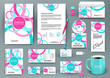 Professional branding design kit with pink and blue circles. Business stationery mockup with badge, folder, cup,  pennant, letter.