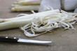 Spargelzeit - Ein Bund weißer Spargel (Asparagus) aus Deutschland, Gemüsespargel wird geschält