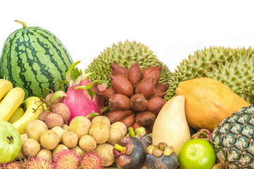 Fresh fruits, Mixed fruits background, Thai fruits on white background.