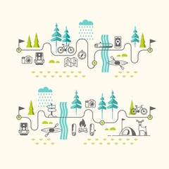 Summer vacation in nature. Hiking trail. Vector concept illustrations with icons of travel and vacation.